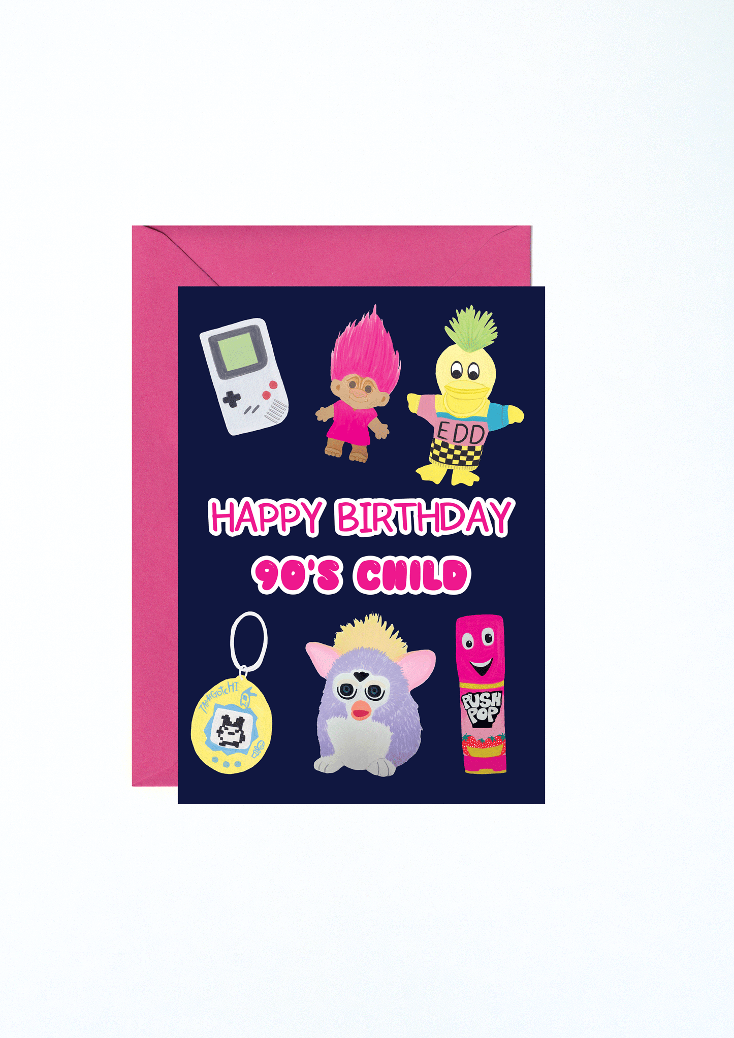 90's Child Birthday Card, Happy Birthday 90's Child, 30th Birthday Card, 90's Kids Birthday Card, Child Of The 90's,90's Child Gift, Card For 30th Birthday, 30th Birthday, 90's Toys Nostalgia, 90's Nostalgia Card, Birthday Card, Greeting Card, Charlotte Farr Illustrations, Furby Card, 90's Child, 90's Kid, Raised In The 90's