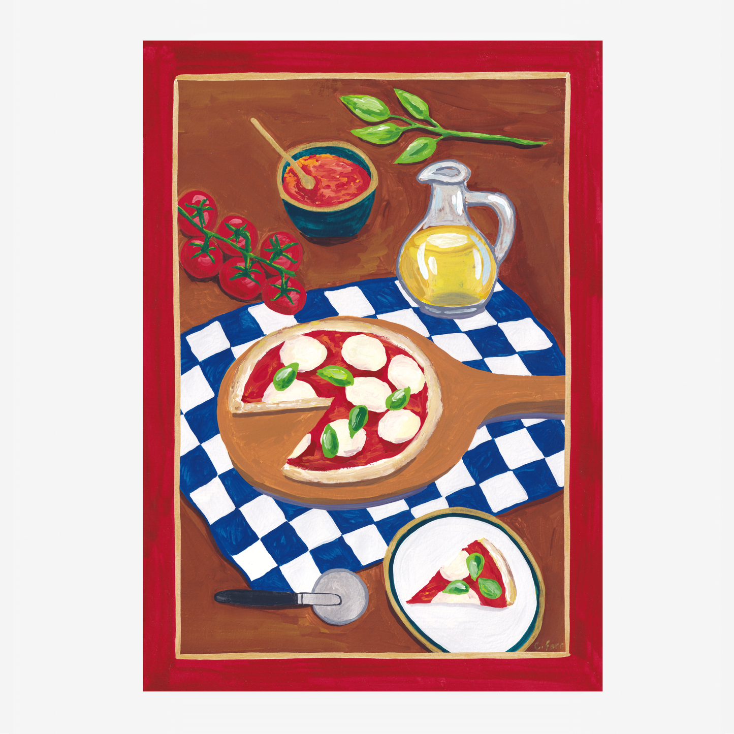 An art print of an original acrylic painting of making a Neapolitan pizza.