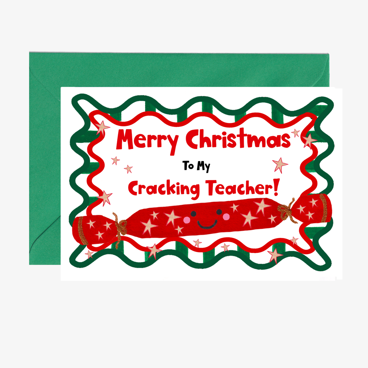Cute face cracker Christmas card for teachers, illustrated Christmas card featuring a red and gold Christmas cracker with a cute smiley face.