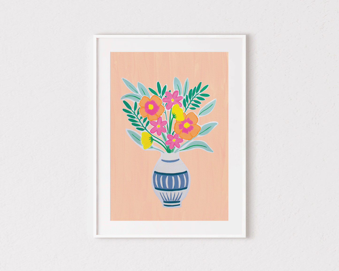 Bright Flower Art Print, Bright Flower Print, Flowers Painting, Bright Print, Flowers In Vase Print, Flowers In Vase Painting, Modern Floral Print, Colourful Flowers Print, Colourful Floral Painting, Bright Flowers, Modern Living Wall Decor, Floral Wall Decor, Floral Wall Art, Pink And Orange Print, Pink And Orange Flower Painting