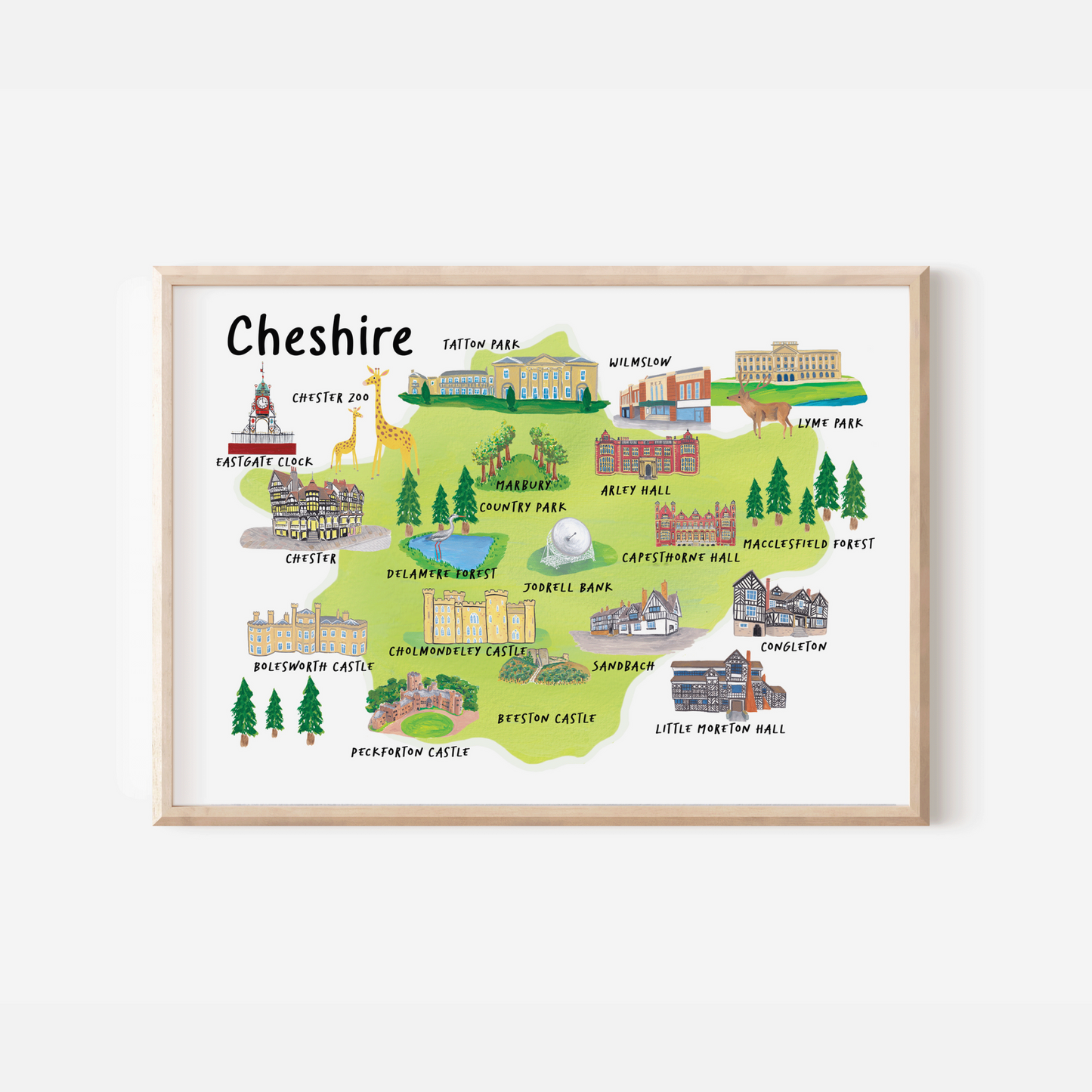 An illustrated map of Cheshire featuring some of Cheshire's landmarks including Tatton Park, Little Moreton Hall, the Chester Rows, The iconic Eastgate Clock in Chester, Jodrell Bank and many more.