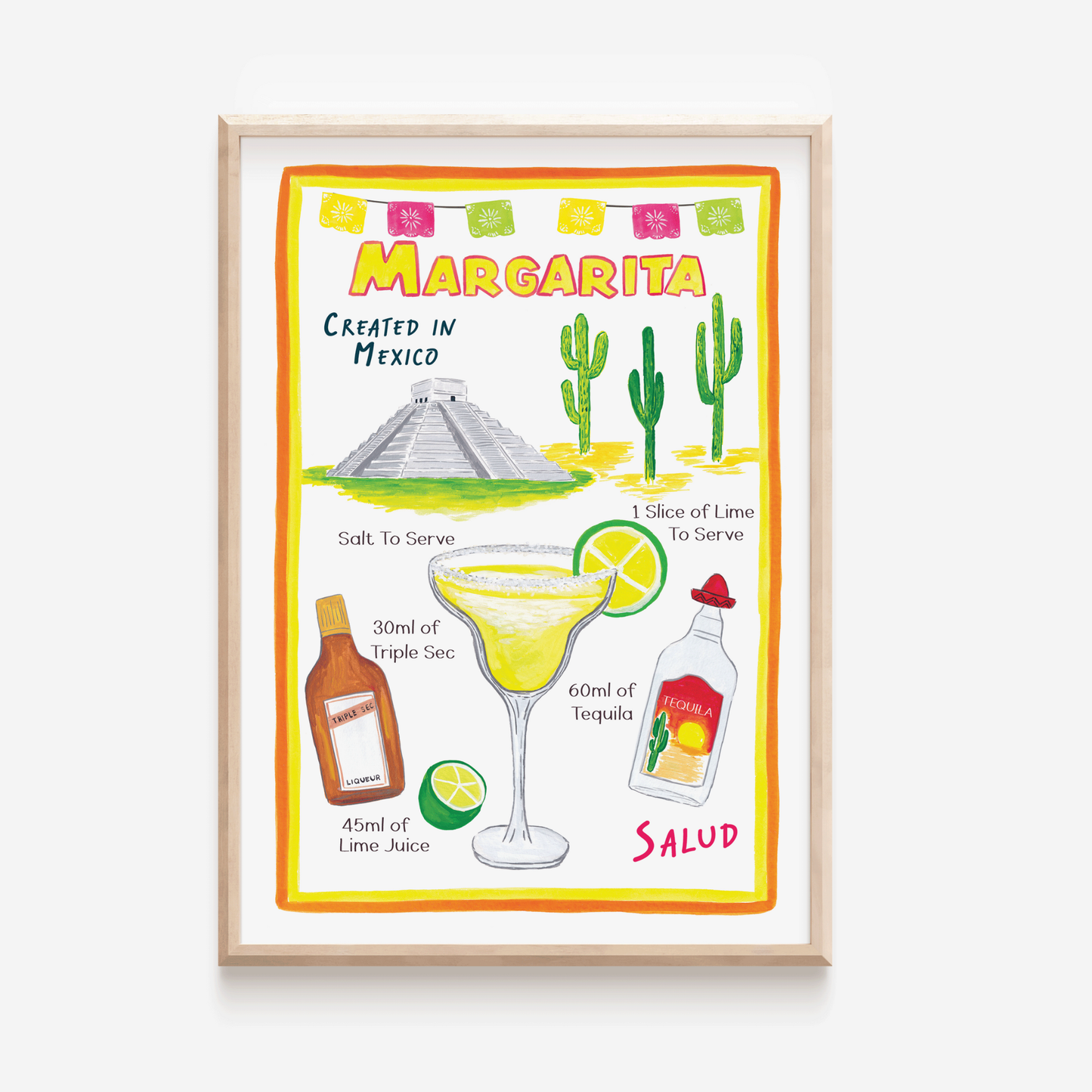 Margarita Cocktail Print showing illustrations of the ingredients to make a Margarita cocktail.