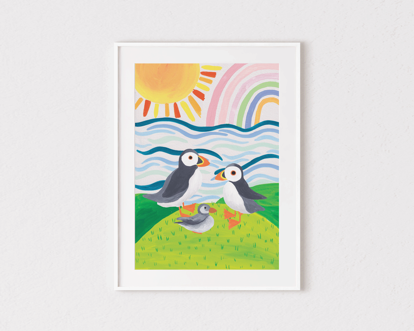 Puffin Print, Puffin Art Print, Puffin Painting, Modern Kids Print, Puffin Wall Decor, Summer Wall Decor, Summer Print, Bird Print, Puffin Poster, Cute Puffin Print, Sea Painting, Children's Room Print, Bright Kids Print, Bright Children's Animal Print, Puffins, Cute Puffins