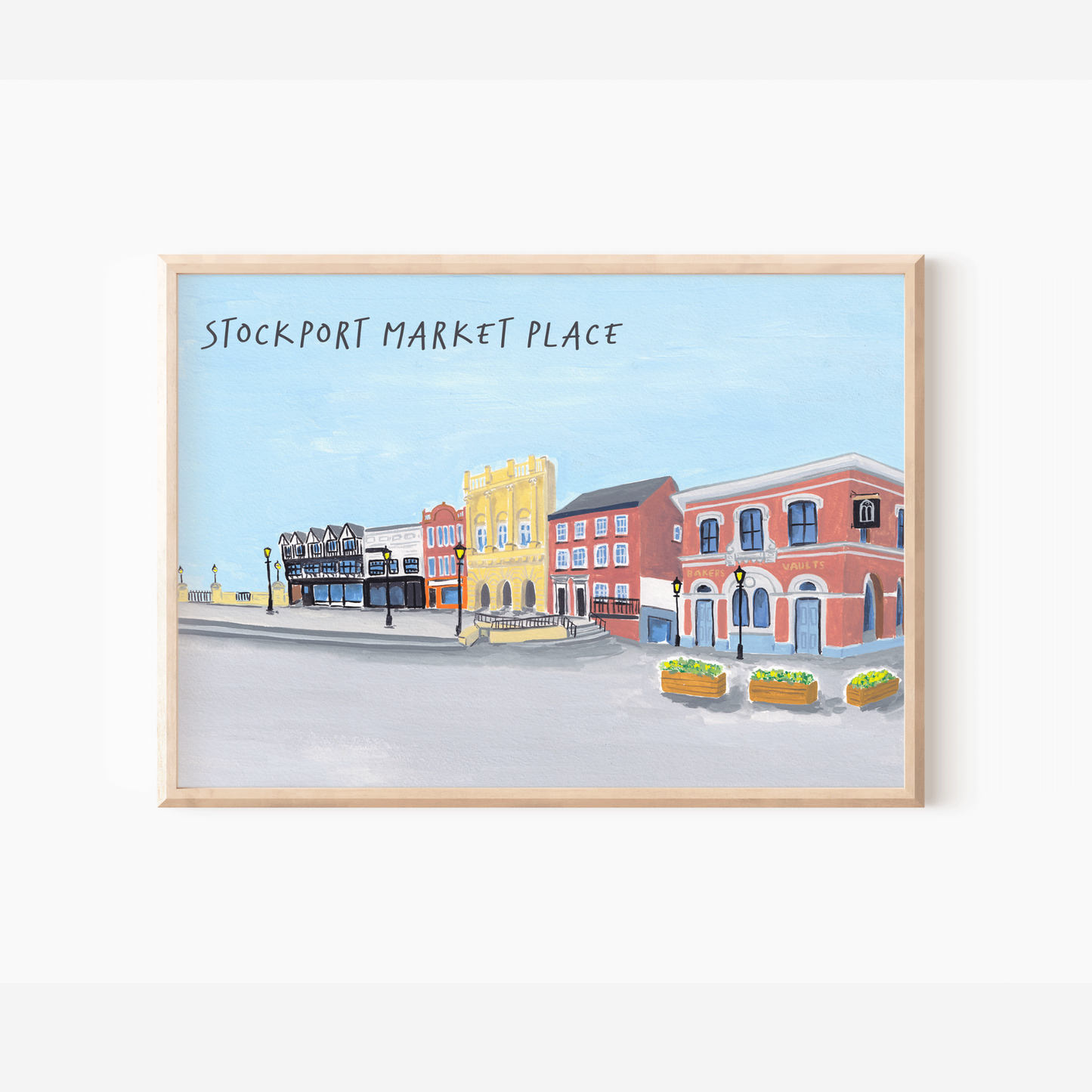 An art print of Stockport Market Place.
Originally hand-painted by Charlotte Farr.