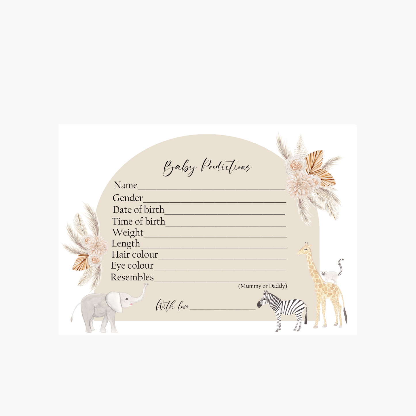 Baby prediction cards for baby shower, baby shower game, animal baby shower game, safari animal baby shower theme