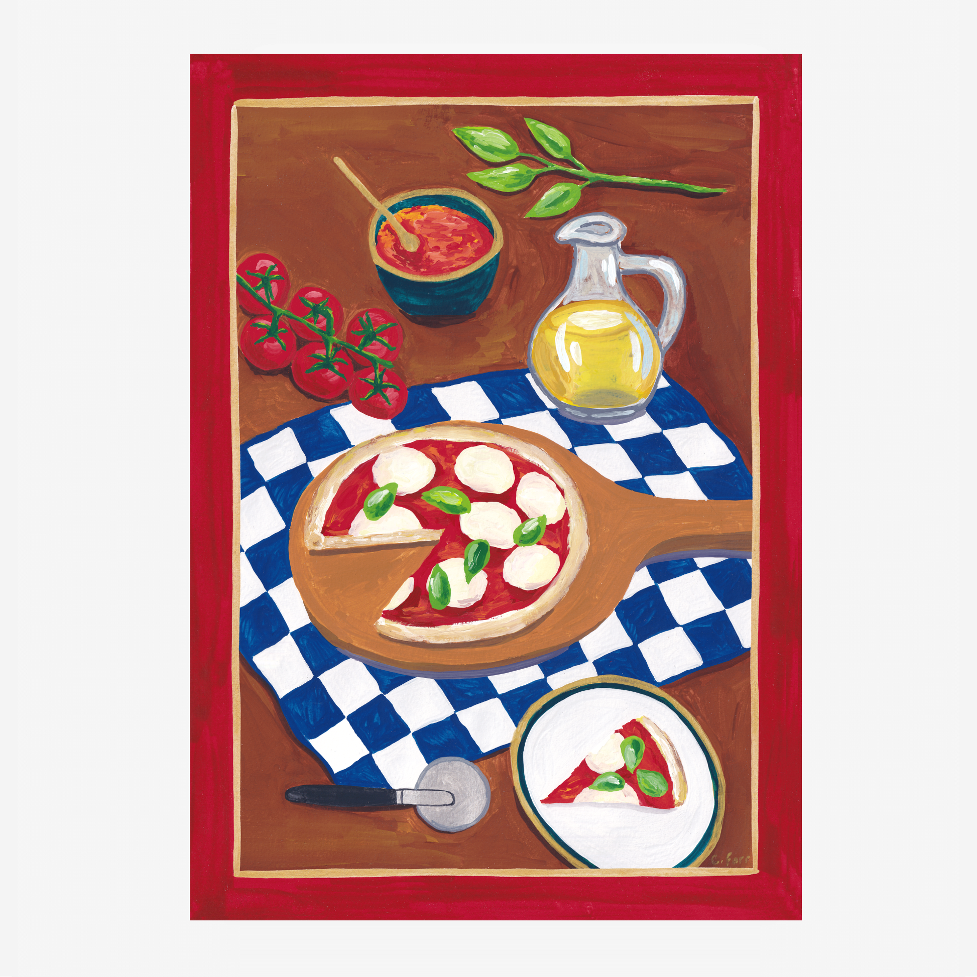 An art print of an original acrylic painting of making a Neapolitan pizza.