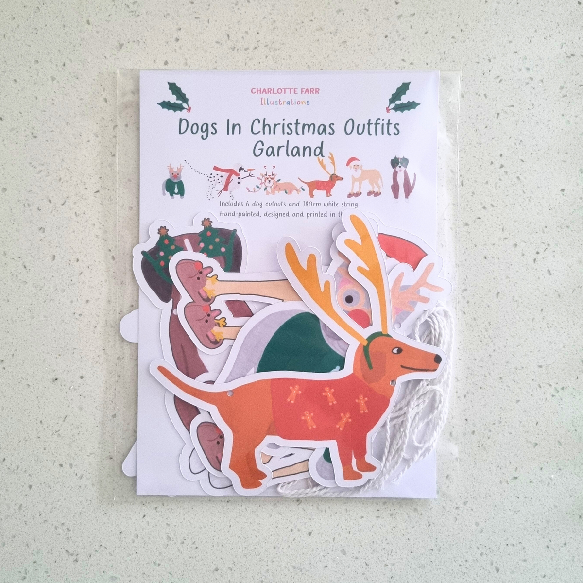 Dogs in Christmas outfits Christmas garland, Dachshund wearing a Christmas jumper, a dalmatian wearing a snowman outfit, a boxer dog wearing Christmas tree glasses, a Corgi wrapped up in Christmas lights, a French Bulldog wearing a snowman Christmas jumper and a Golden Retriever wearing Christmas slippers. 