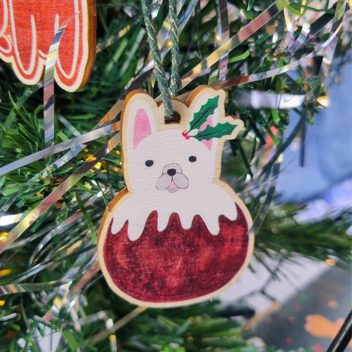 Wooden Christmas Tree decoration of a French Bulldog transformed into a Christmas pudding. 