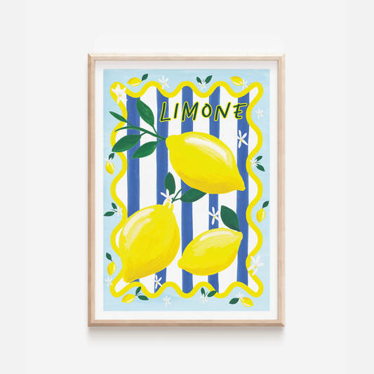Bright kitchen print featuring lemons on a blue and white background. 