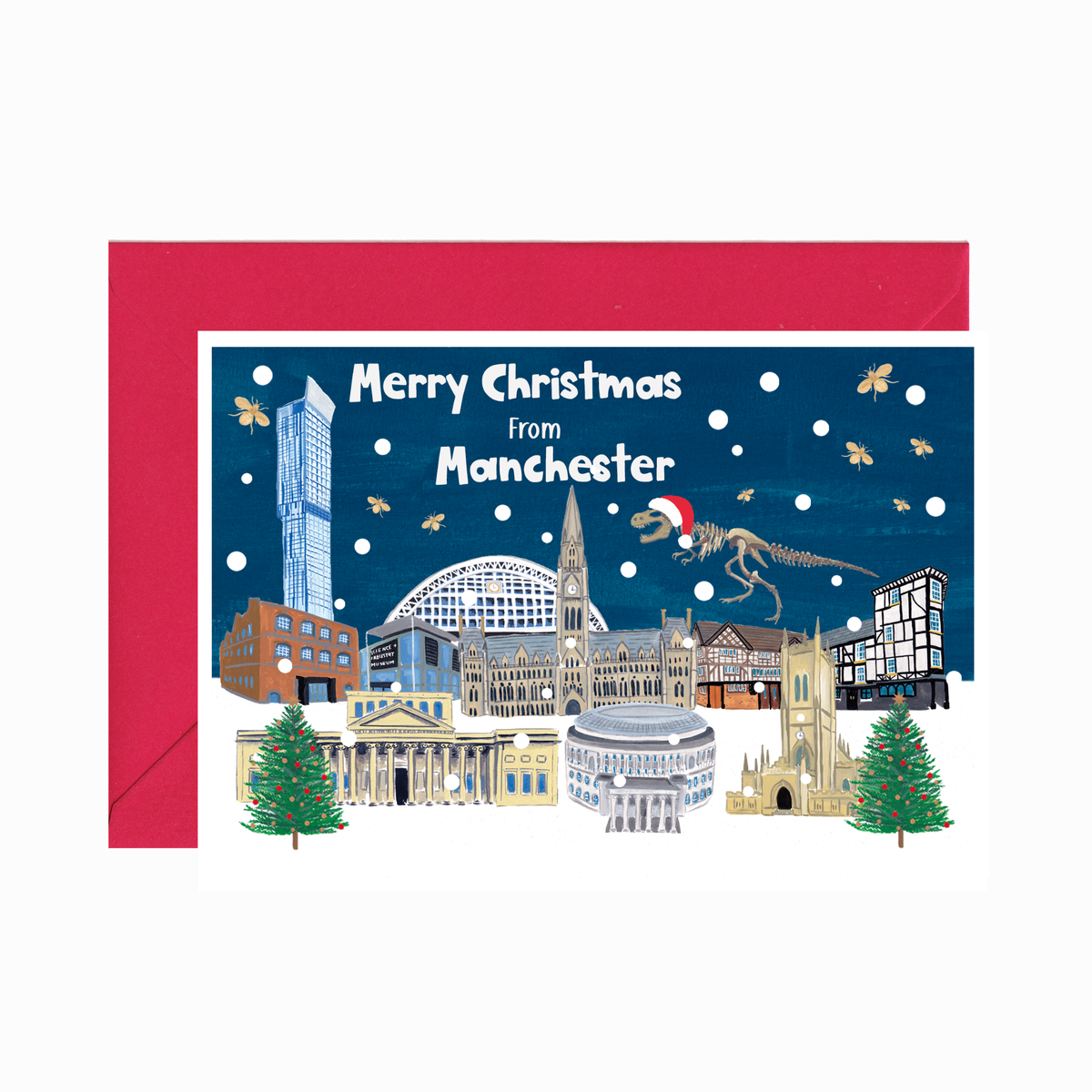 'Merry Christmas From Manchester' - an illustrated Christmas card featuring some of Manchester's iconic buildings and landmarks in the festive season with gold Manchester worker bees flying around the city. The Manchester skyline includes hand-painted illustrations ofManchester Town Hall, Manchester Art Gallery, Manchester Cathedral, Manchester Science and Industry Museum and Stan the T-Rex