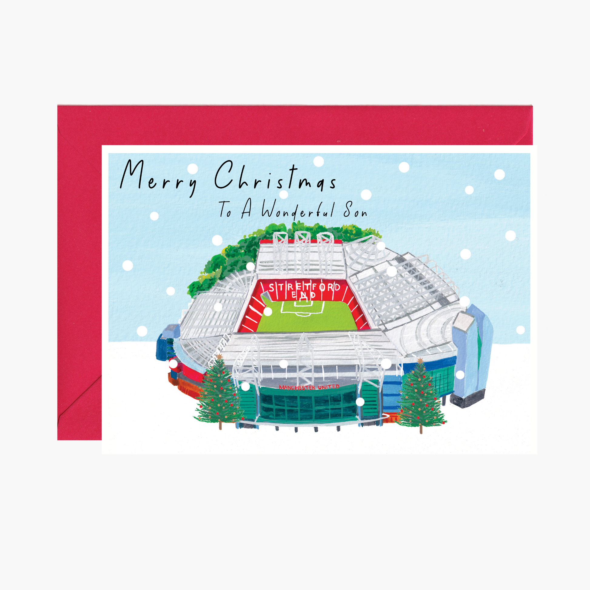 Manchester United Christmas card to a wonderful son, Christmas card with a hand-painted illustration of Old Trafford.