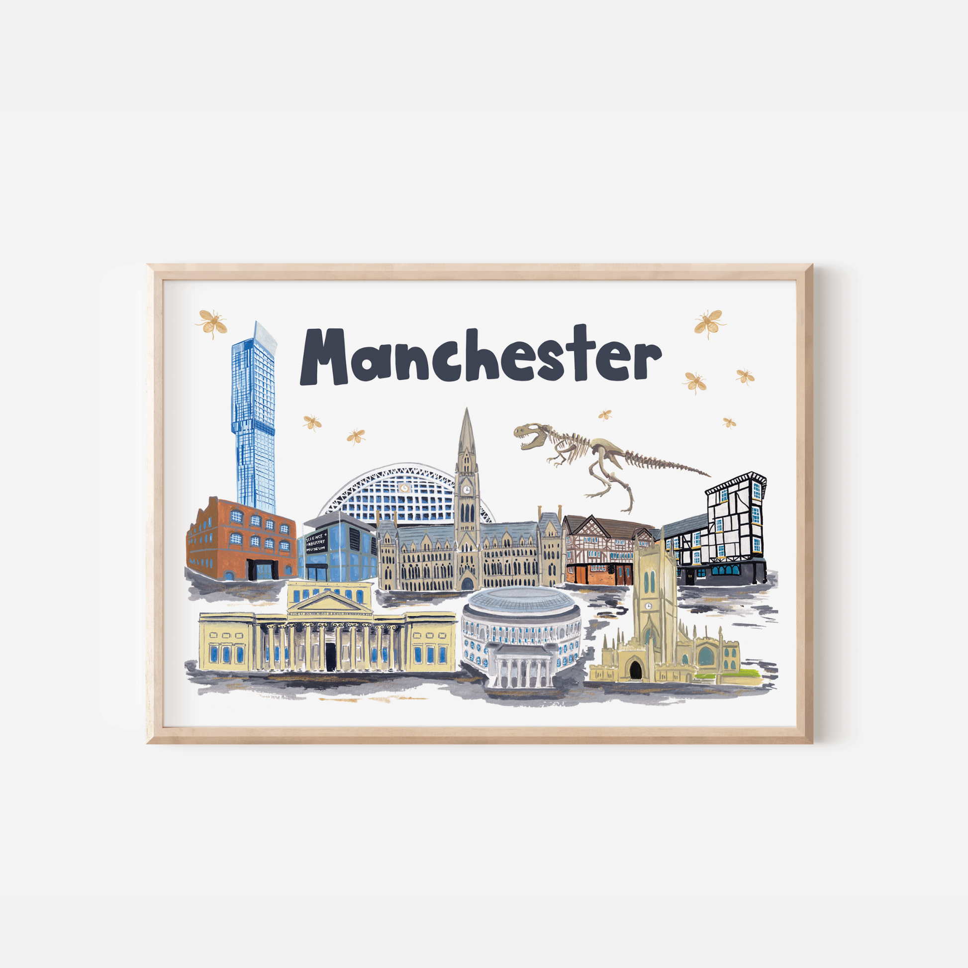 An art print of Manchester featuring illustrations of the Manchester Art Gallery, Manchester Town Hall, Manchester Science and Industry Museum, and Manchester Cathedral, hand-painted by an artist.