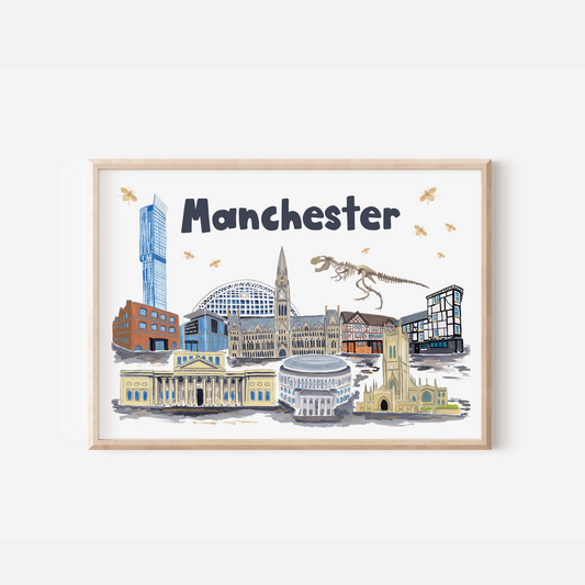 An art print of Manchester featuring illustrations of the Manchester Art Gallery, Manchester Town Hall, Manchester Science and Industry Museum, and Manchester Cathedral, hand-painted by an artist.