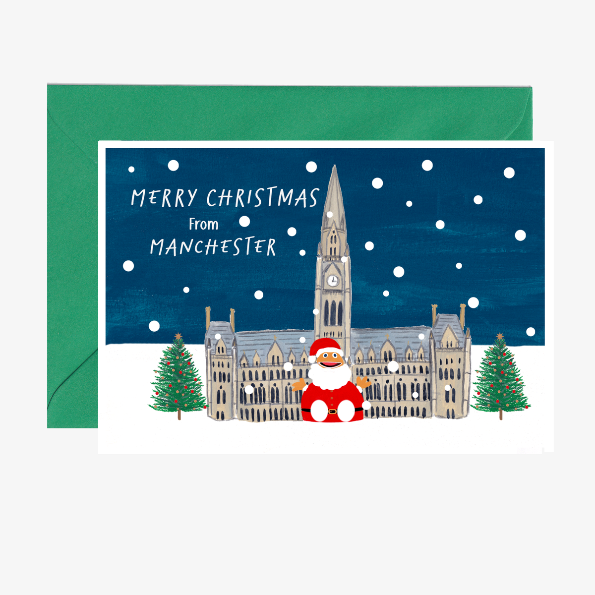 Christmas card with Santa Claus in front of Manchester Town Hall, trees, and 'Merry Christmas from Manchester' text.