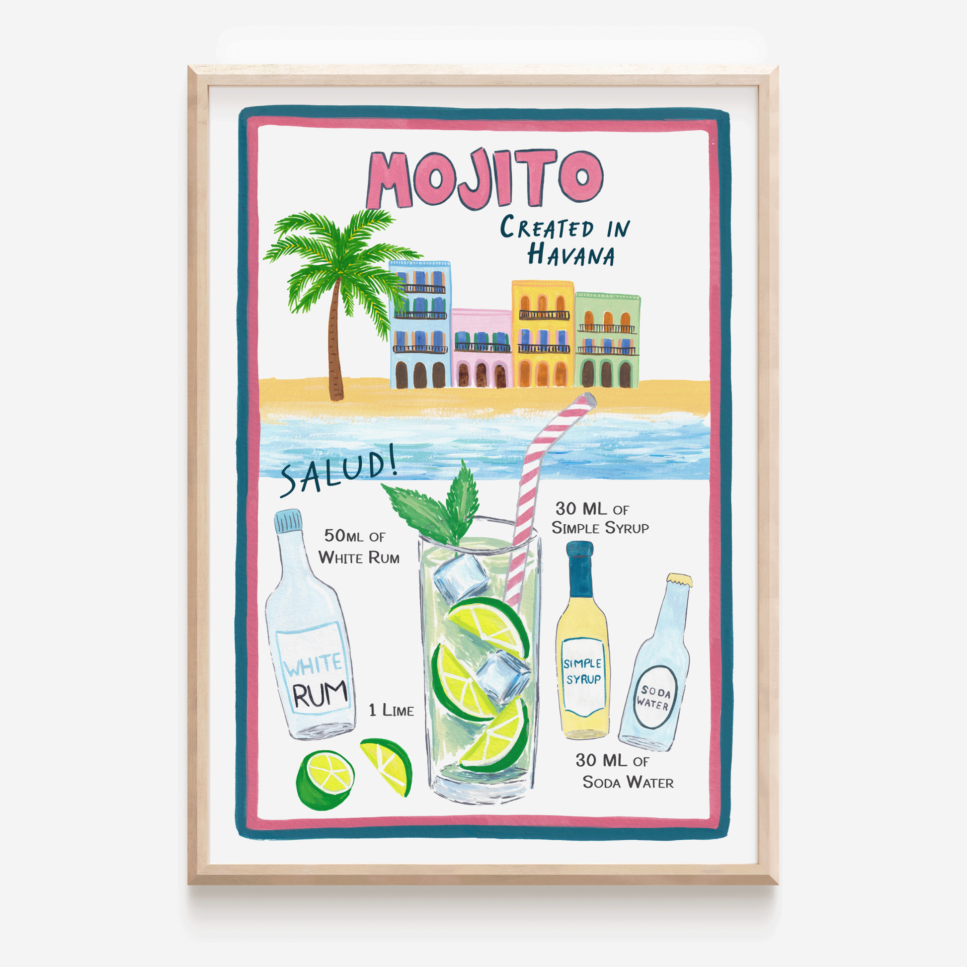 Mojito cocktail art print, Mojito cocktail painting, painting of Havana, Mojito illustration and illustrations of Mojito ingredients.