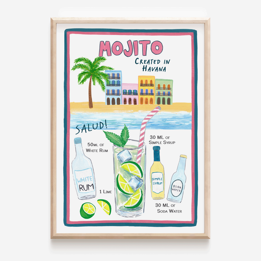 Mojito cocktail art print, Mojito cocktail painting, painting of Havana, Mojito illustration and illustrations of Mojito ingredients.