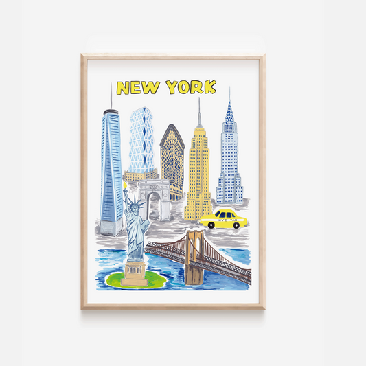An art print of New York featuring the Empire state Building, Chrysler Building, Brooklyn Bridge and the Statue of Liberty