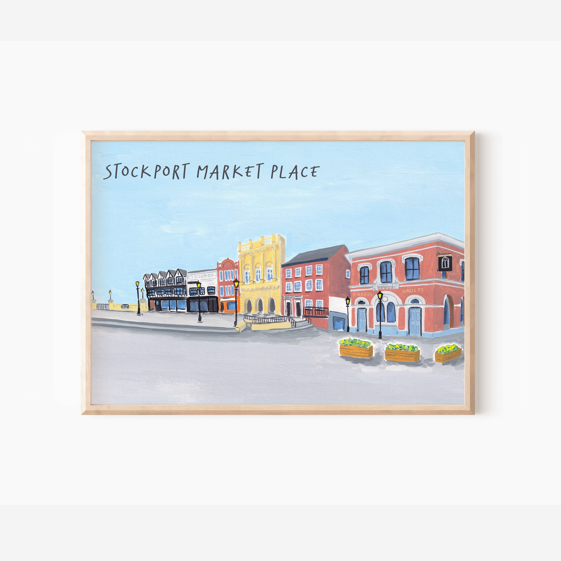 An art print of Stockport Market Place.
Originally hand-painted by Charlotte Farr. 