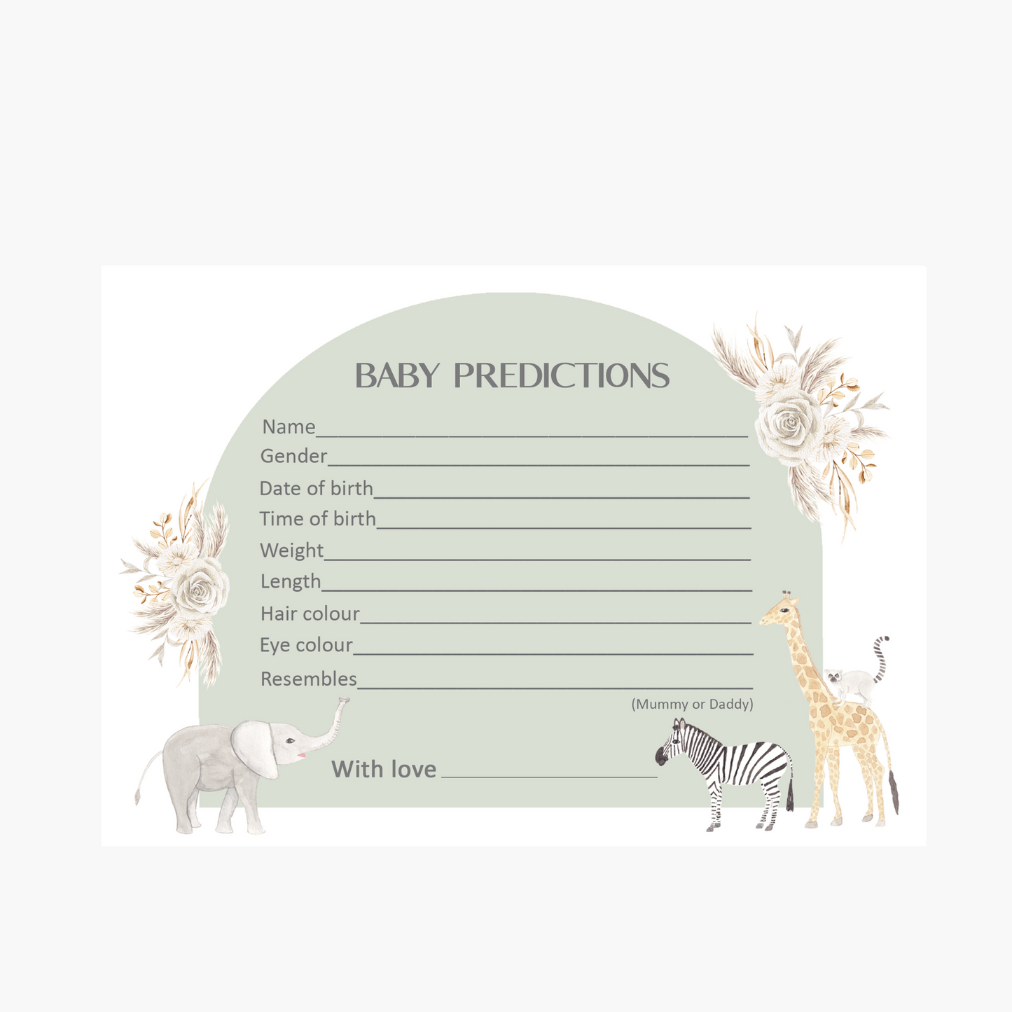 Baby shower game, baby predictions cards for baby shower, safari animals baby shower game