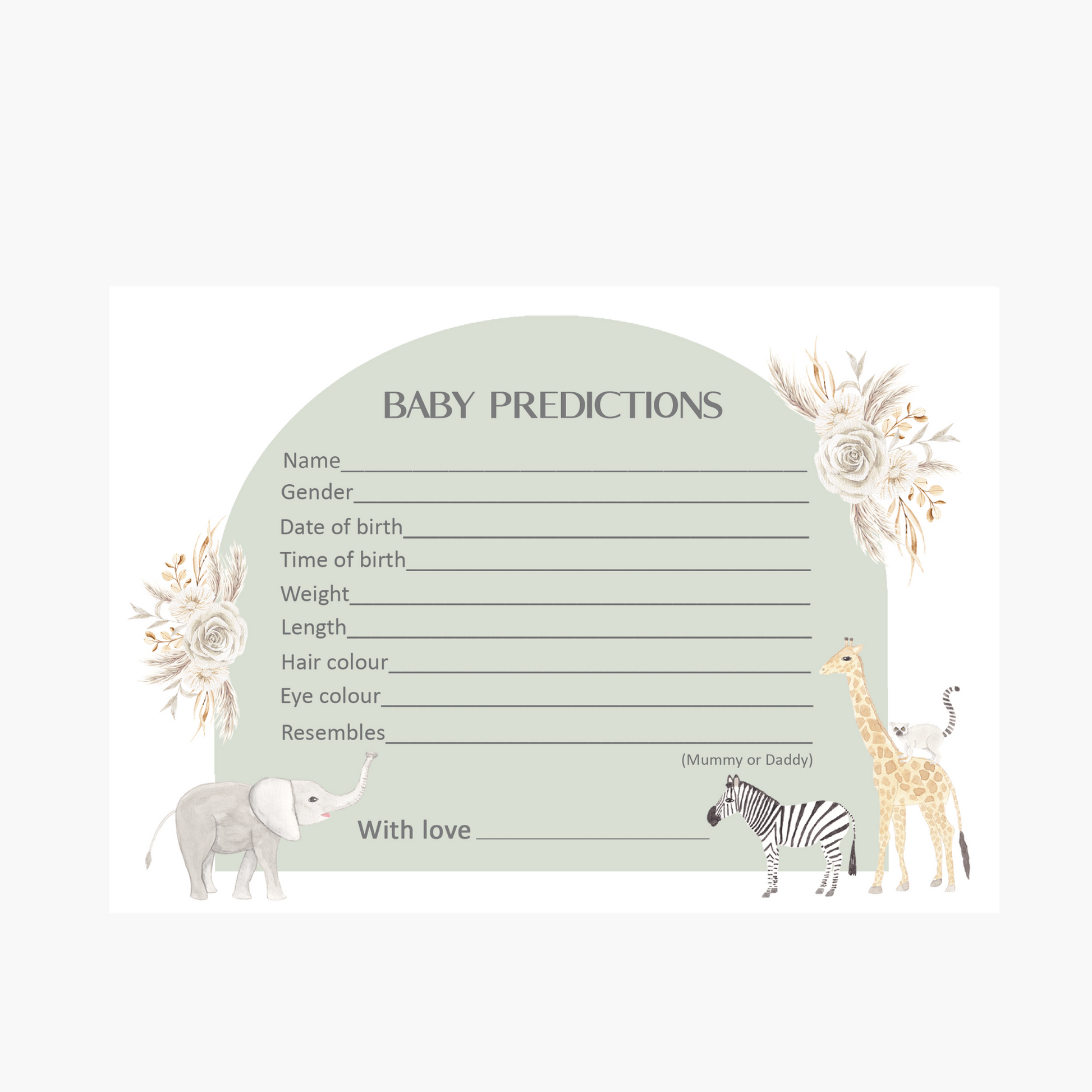 Baby shower game, baby predictions cards for baby shower, safari animals baby shower game